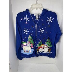 Victoria Jones Womens Blue Christmas Snowman Sequin Zip Up Hoodie Sweater Medium